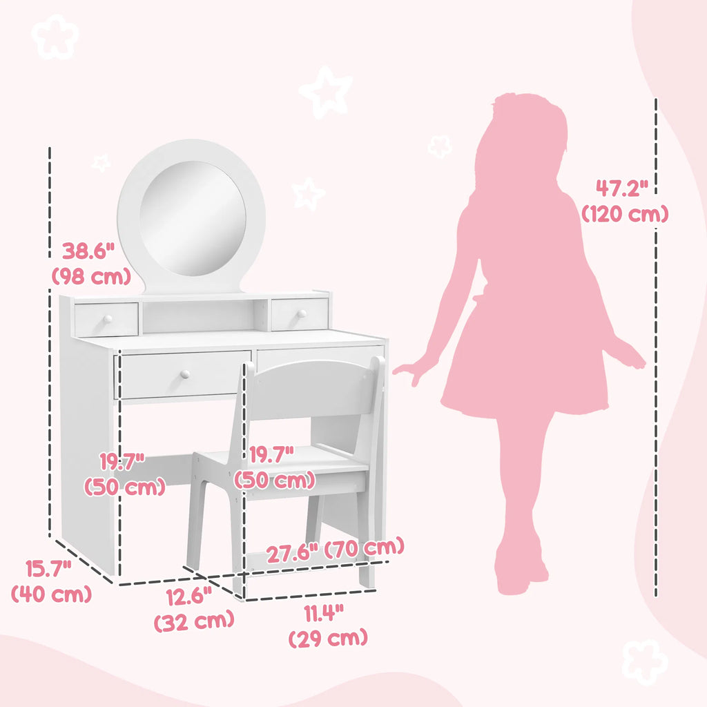 Kids' Vanity Set with Mirror, Stool and Drawers, White