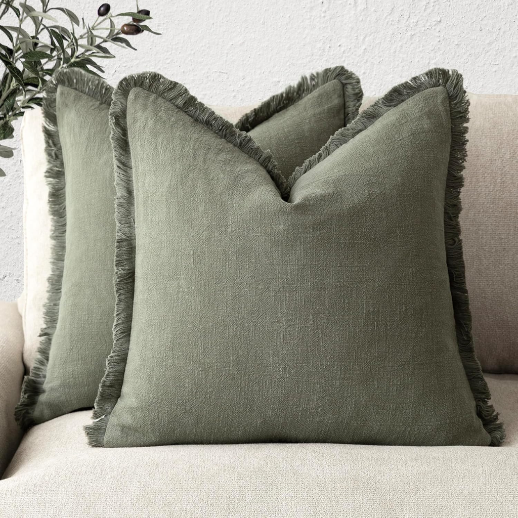 Linen Fringe Throw Pillow Cover, 18 x 18-Inch, Olive Green