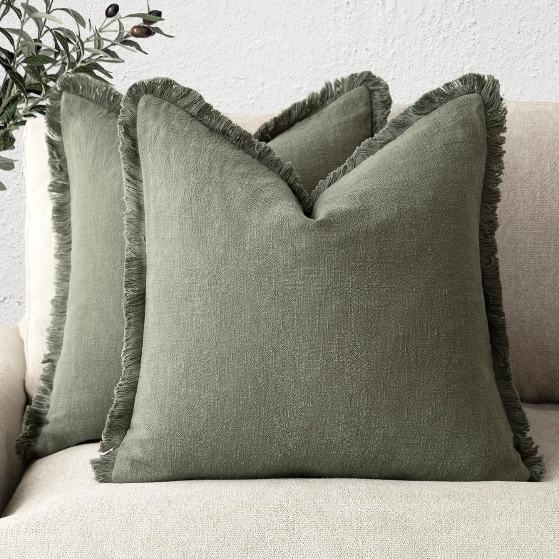 Linen Fringe Throw Pillow Cover, 18 x 18-Inch, Olive Green