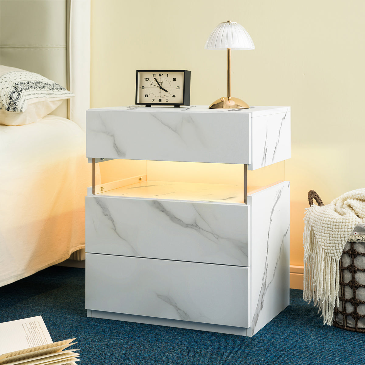 LED Nightstand with 3 Drawers and Acrylic Panel, Stone White