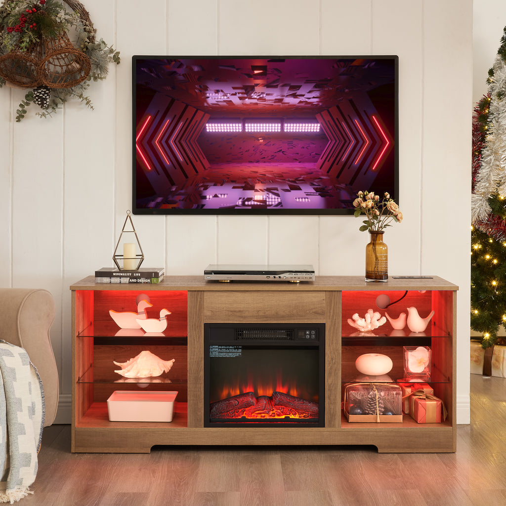 Electric Fireplace TV Stand with LED Lights, Oak