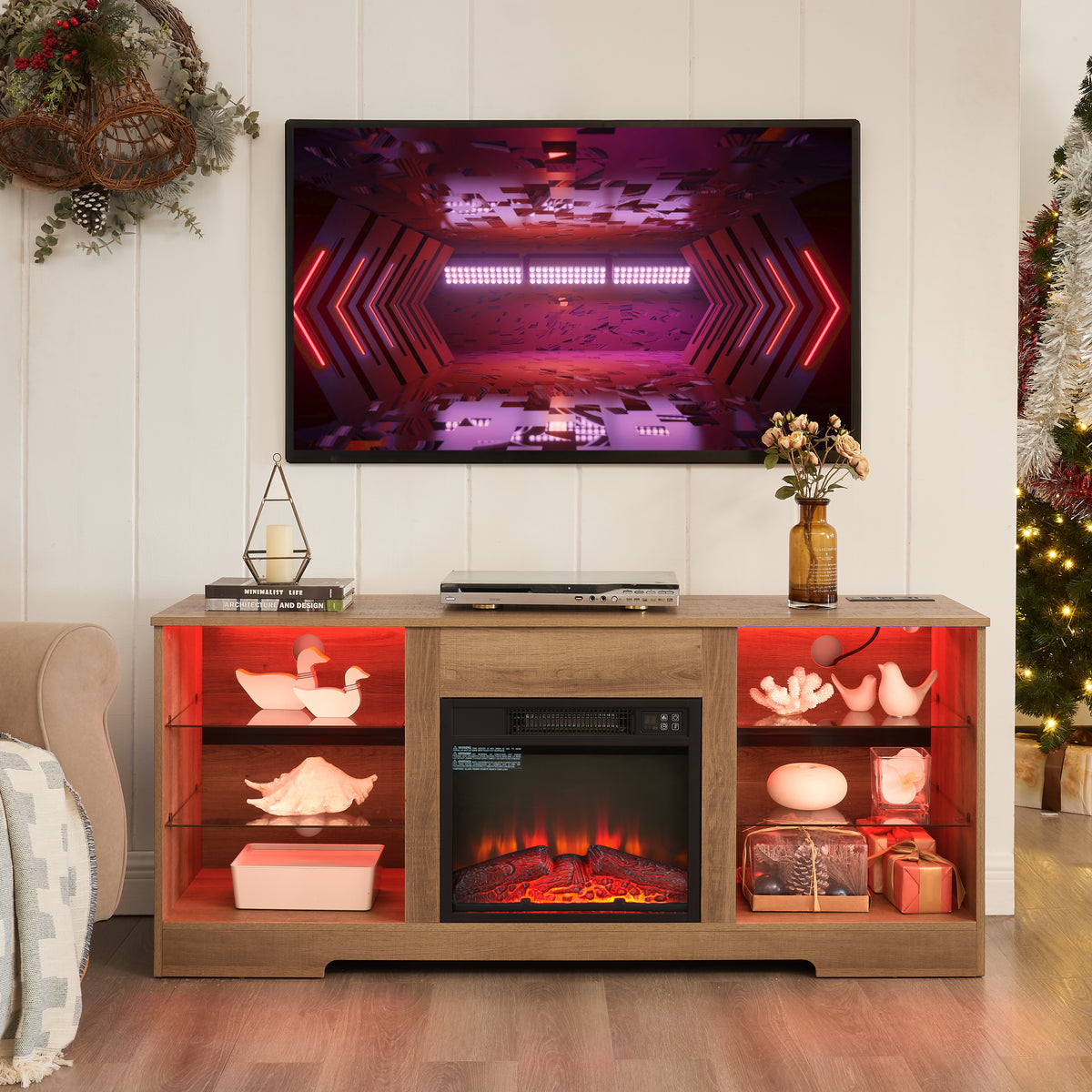 Electric Fireplace TV Stand with LED Lights, Oak