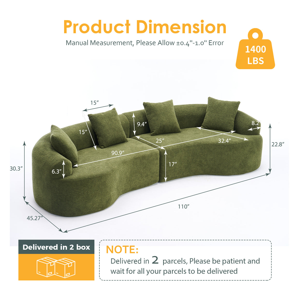 110-Inch Curved Chenille Compression Sectional, Green