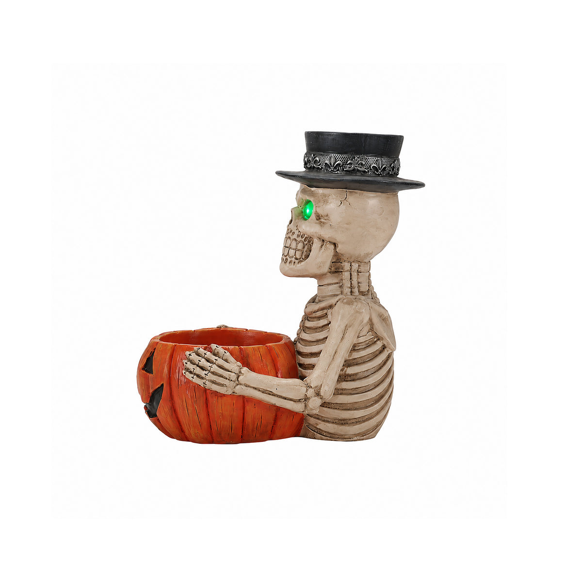Halloween Skeleton Figurine with Pumpkin Candy Bowl and Candle Holder