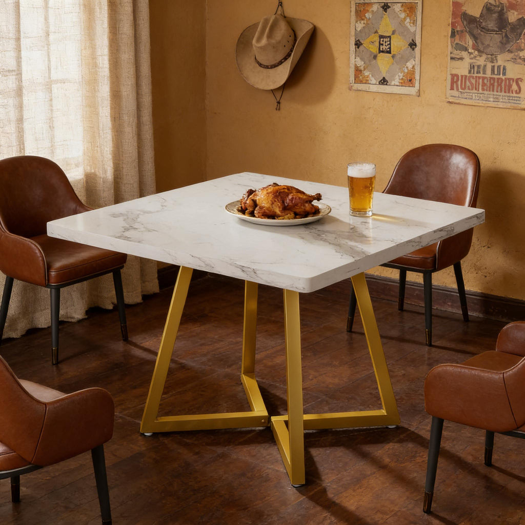 Vintage Square Dining Table, Gold and White