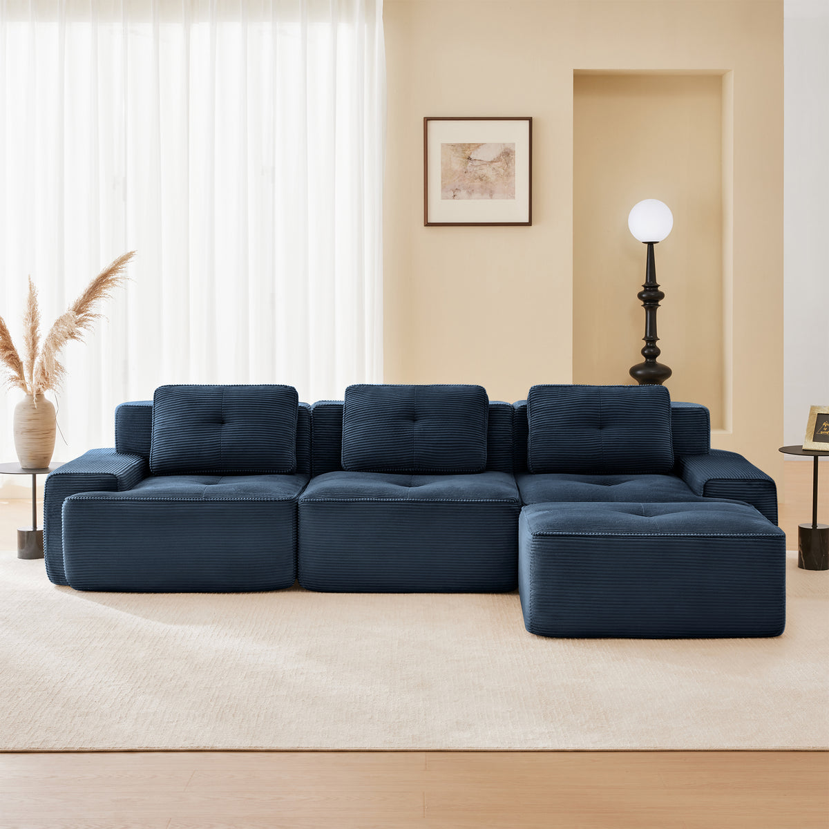 117-Inch L-Shaped Corduroy Sectional with Ottoman, Blue