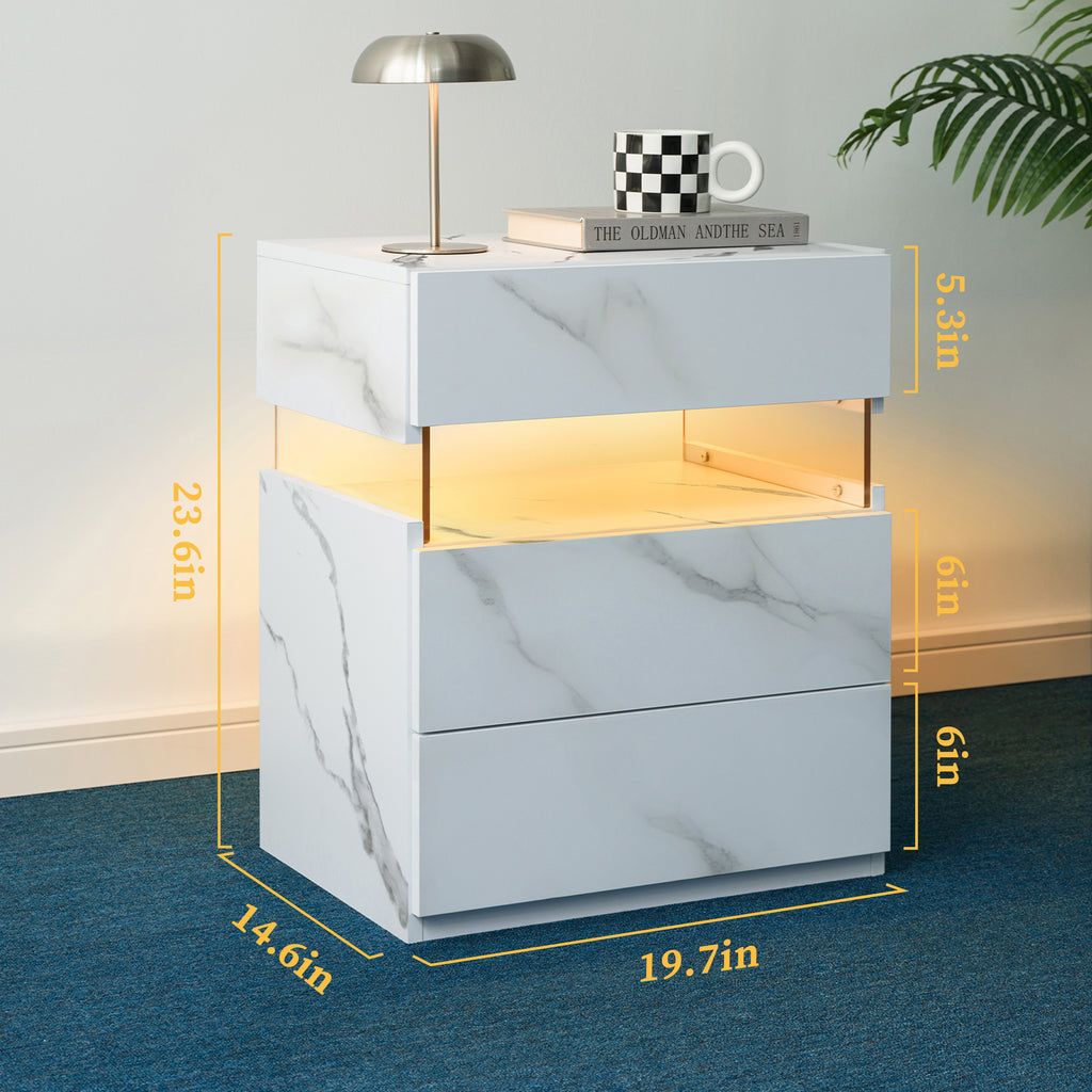 LED Nightstand with 3 Drawers and Acrylic Panel, Stone White