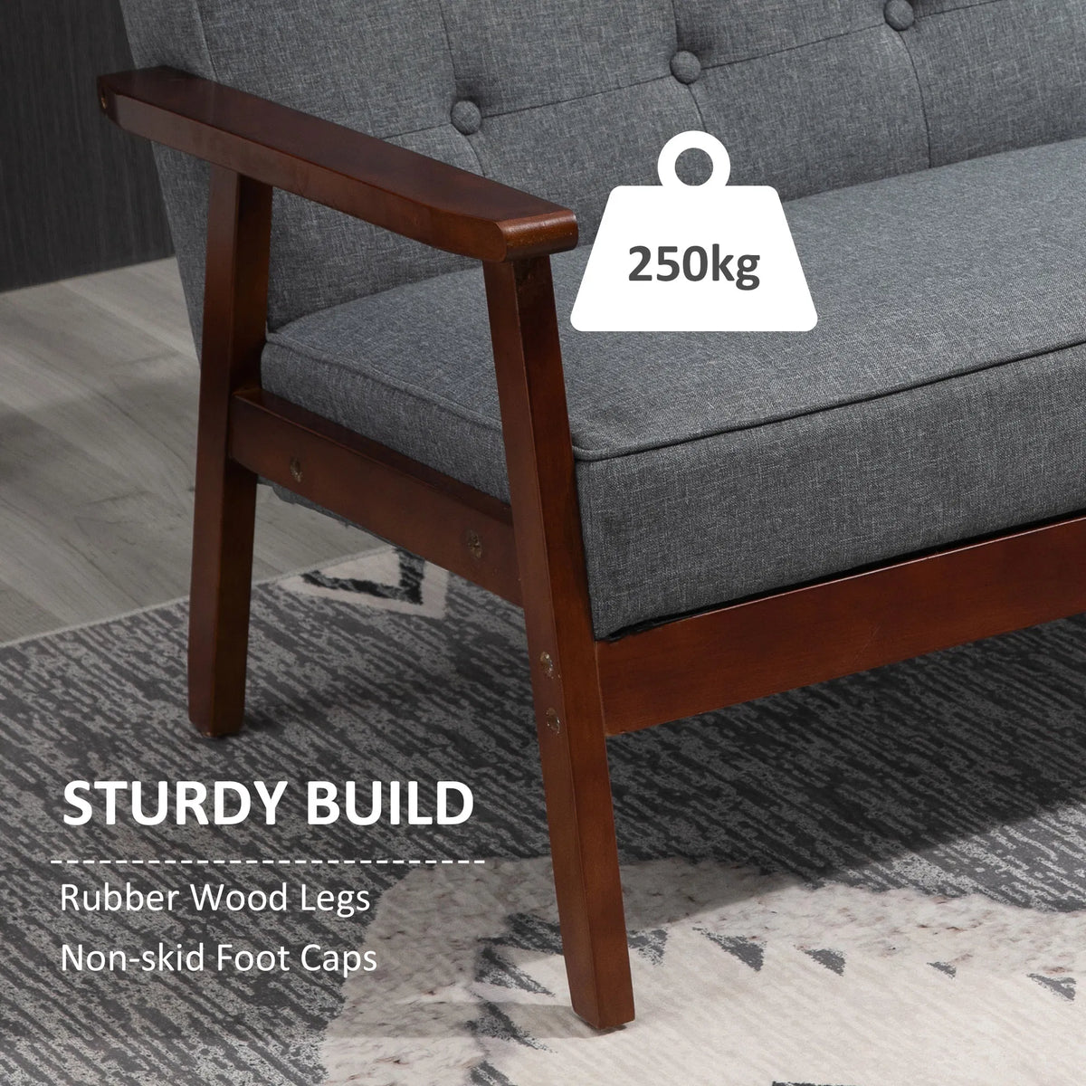 Tufted Loveseat with Wood Legs, 44.5 in, Grey