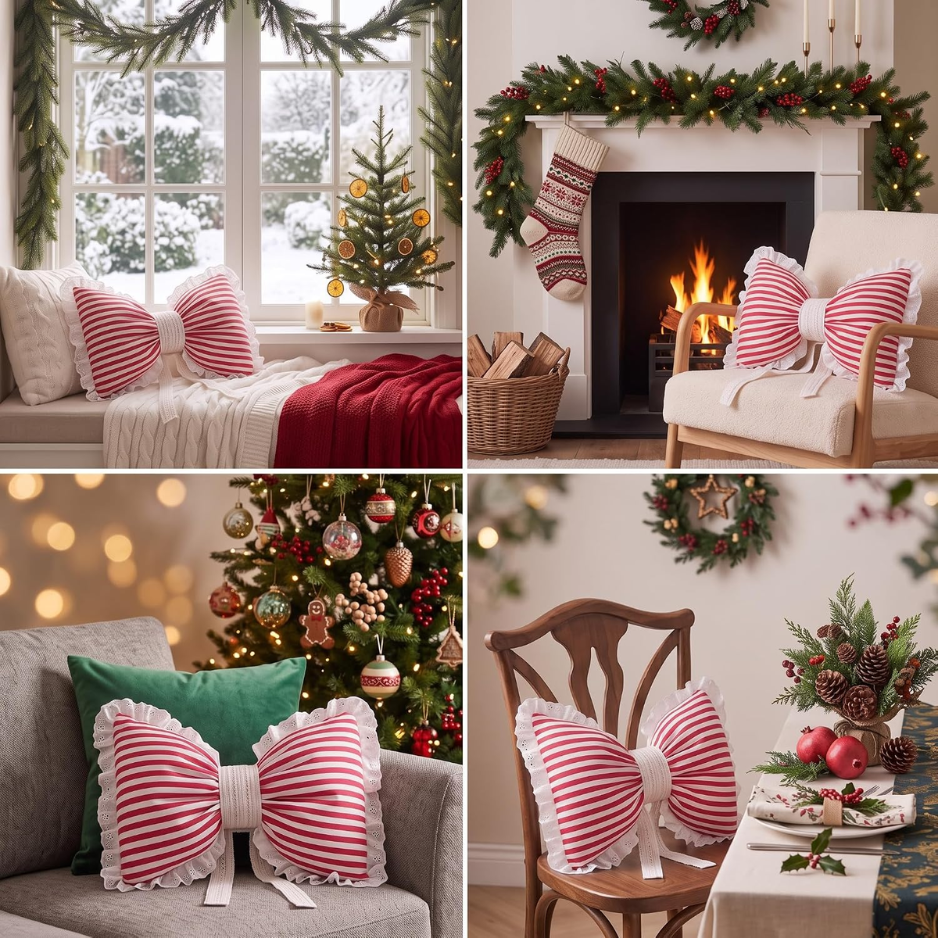 Red and White Striped Christmas Bow Pillow with Lace Trim