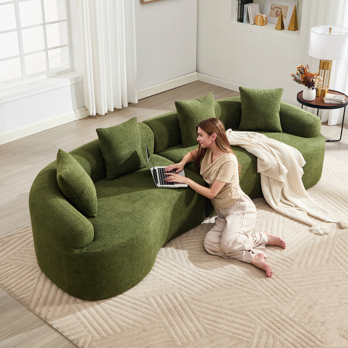 110-Inch Curved Chenille Compression Sectional, Green