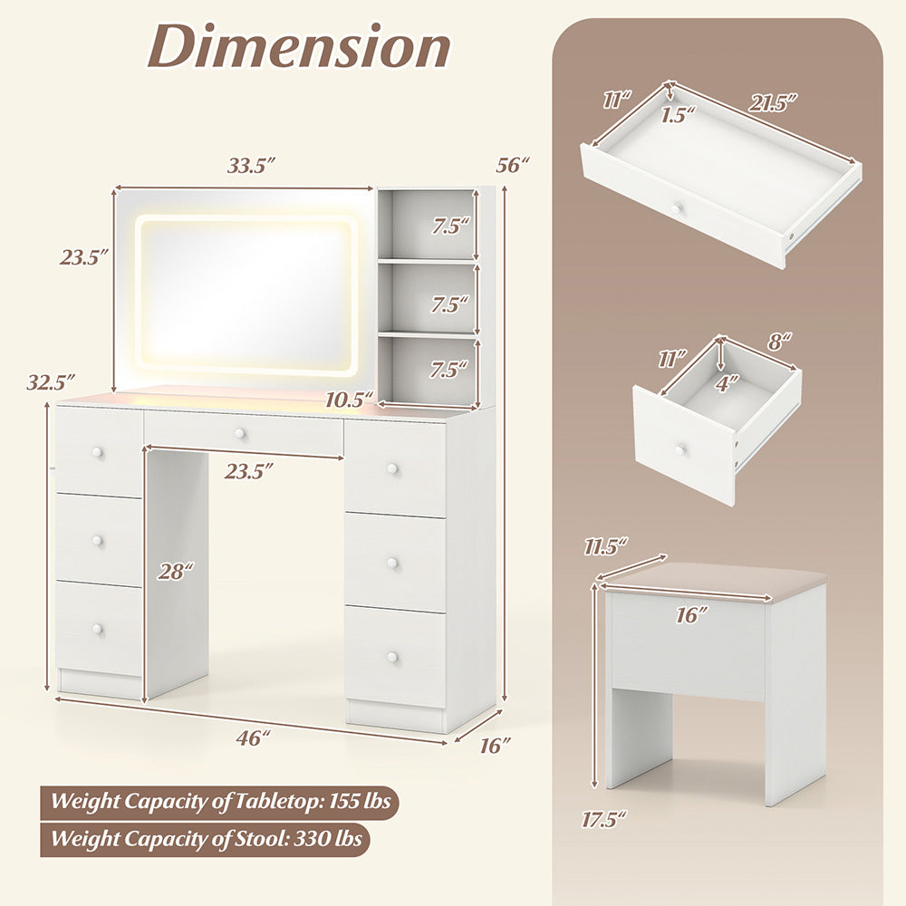 Lighted Mirror Vanity Desk and Stool Set, White