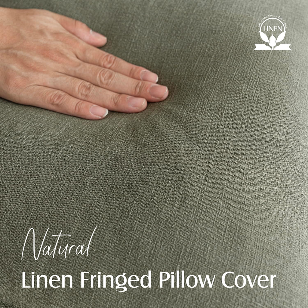 Linen Fringe Throw Pillow Cover, 18 x 18-Inch, Olive Green
