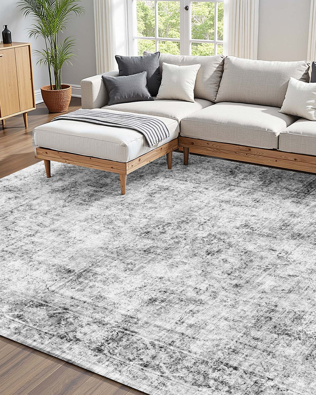 Washable Boho Area Rug, 6 x 9 ft, Gray
