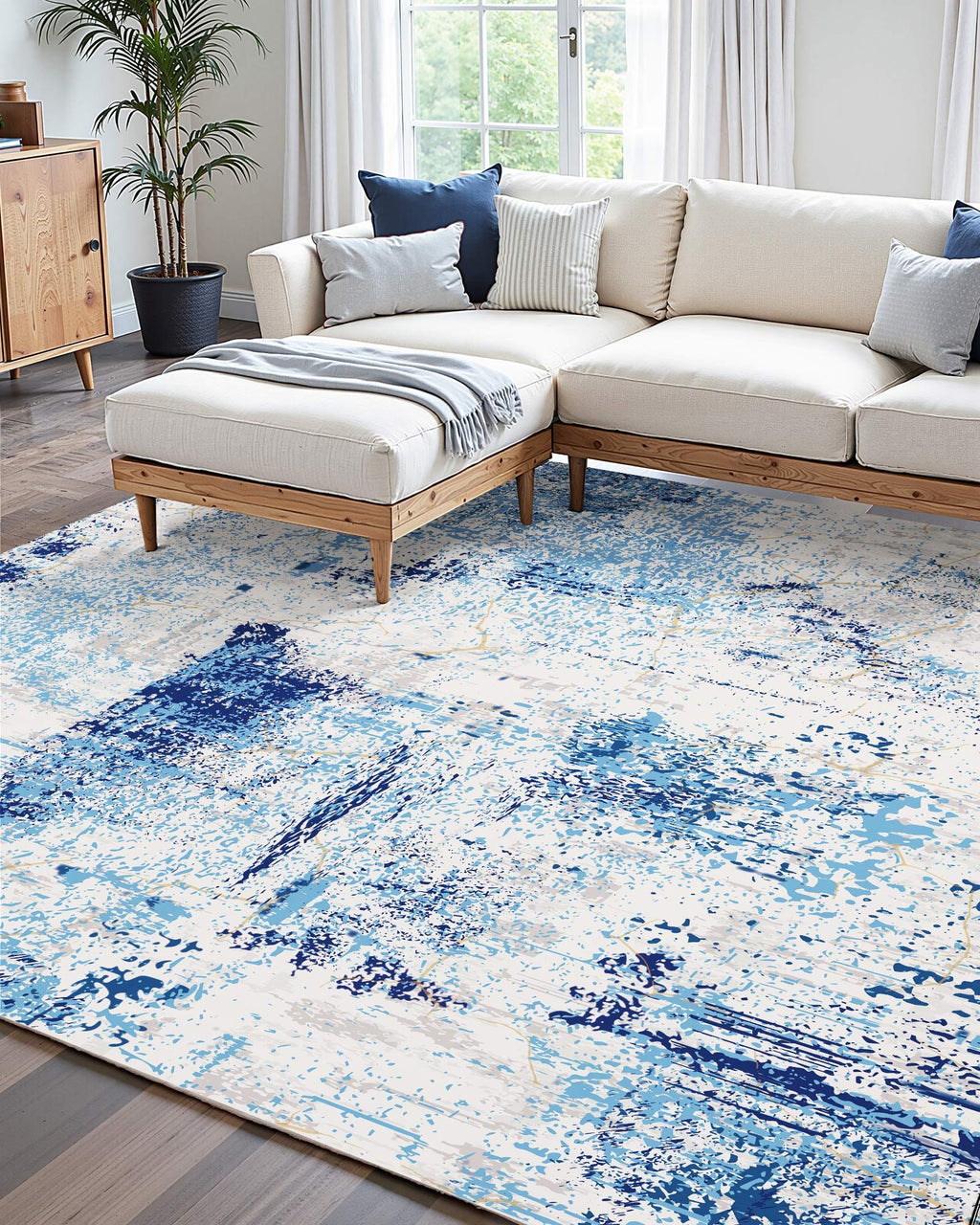 Washable Modern Area Rug, 5 x 7 ft, Blue