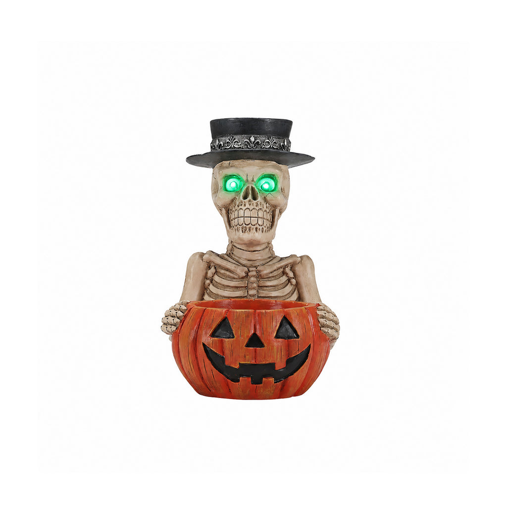 Halloween Skeleton Figurine with Pumpkin Candy Bowl and Candle Holder