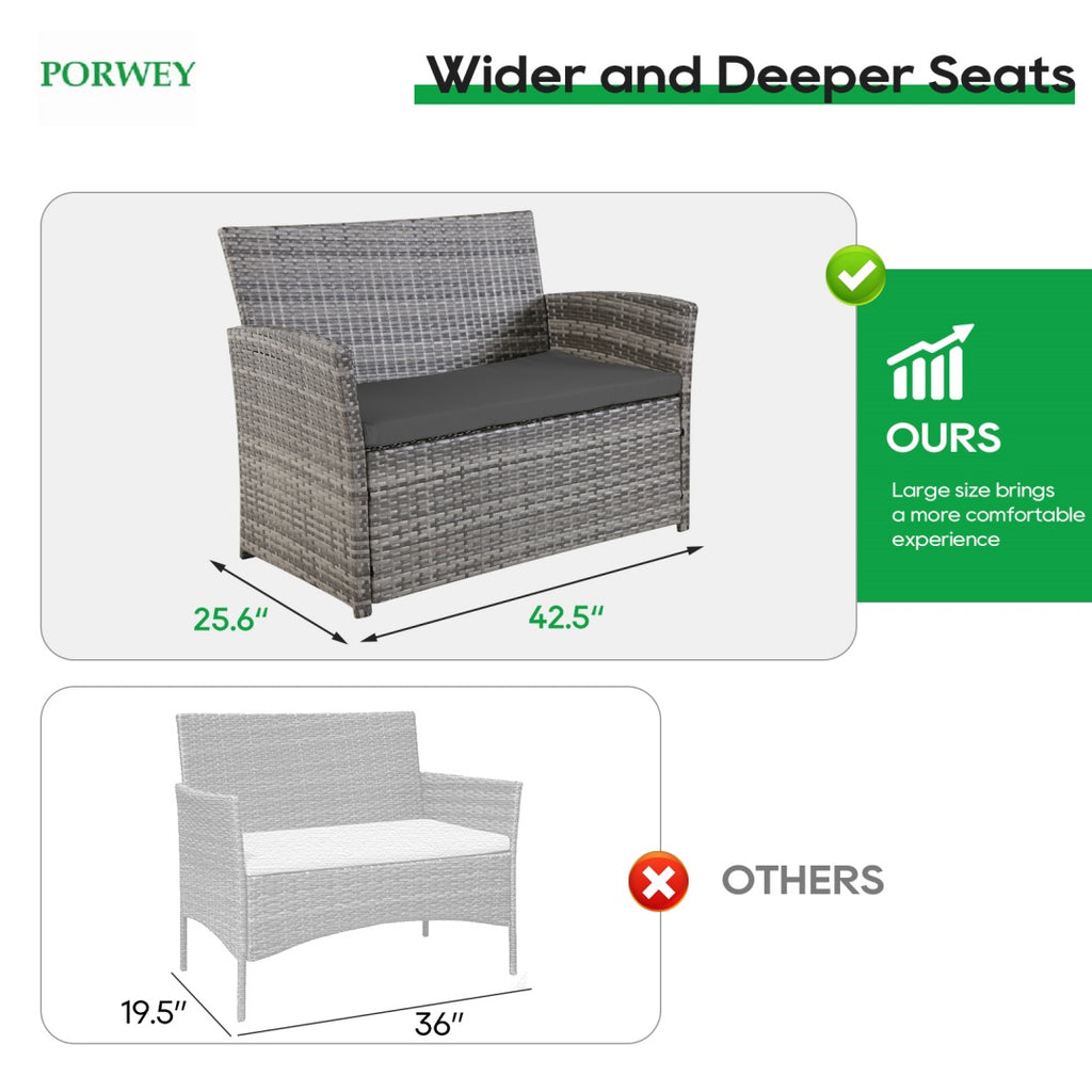 4-Piece Rattan Patio Conversation Set with Glass Table, Grey