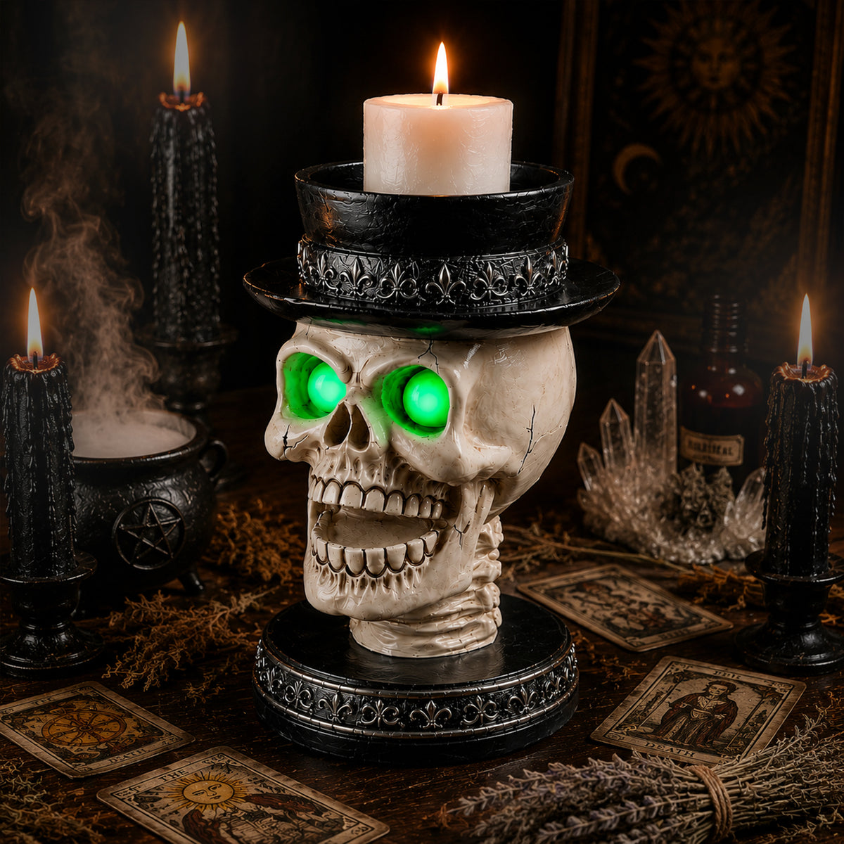 Open-Mouth Skull Candle Holder with Glowing Eyes and Top Hat