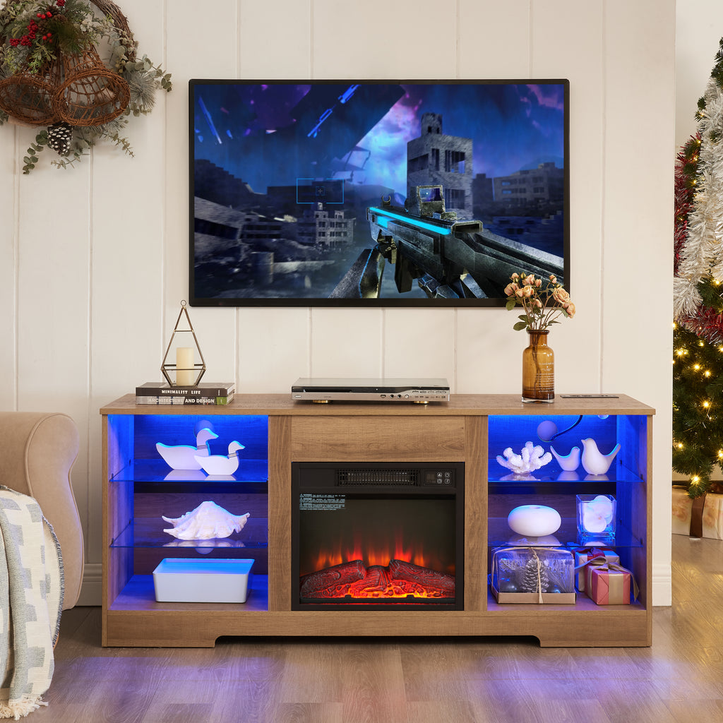 Electric Fireplace TV Stand with LED Lights, Oak