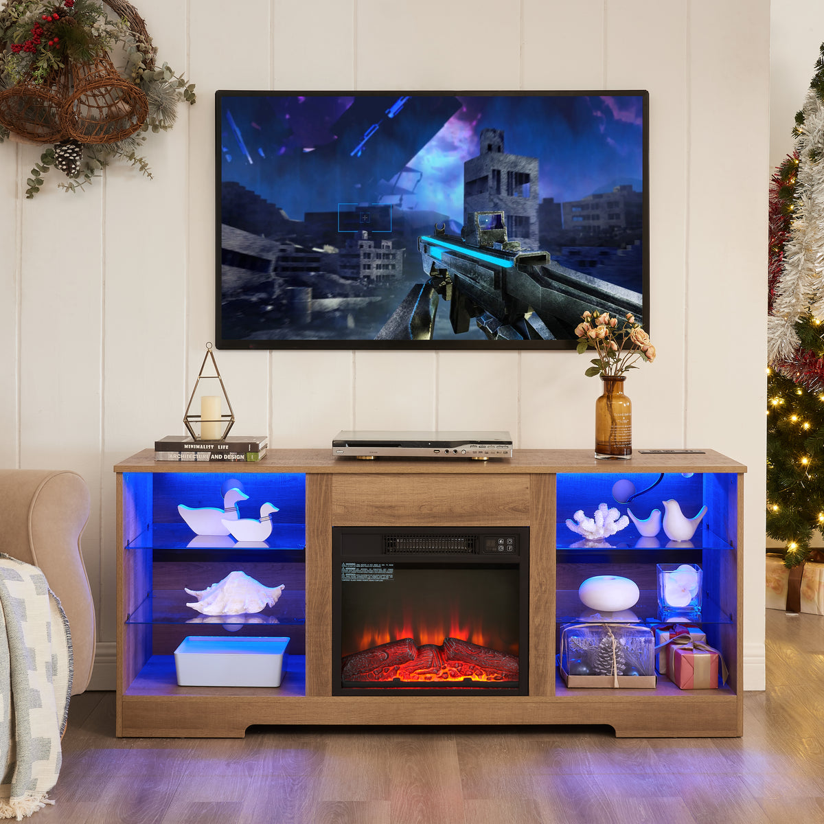 Electric Fireplace TV Stand with LED Lights, Oak