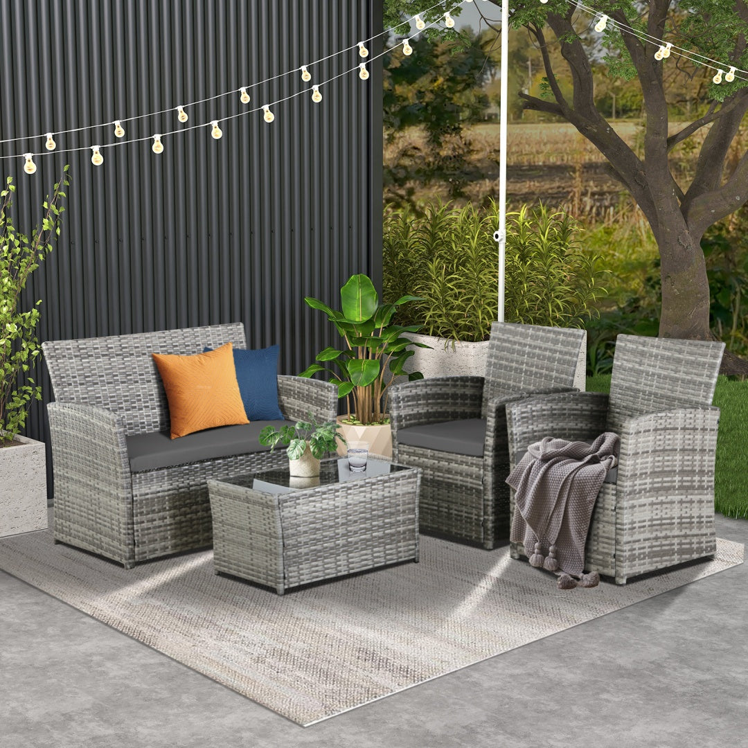 4-Piece Rattan Patio Conversation Set with Glass Table, Grey