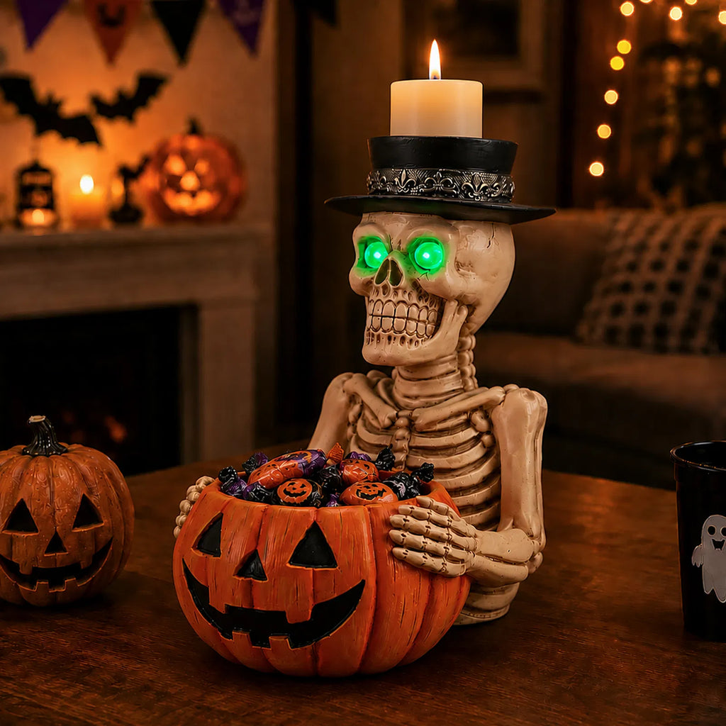 Skeleton Candy Dish with Glowing Green Eyes