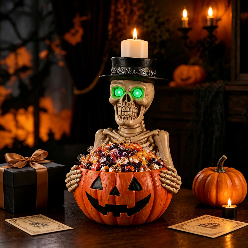 Skeleton Candy Dish with Glowing Green Eyes