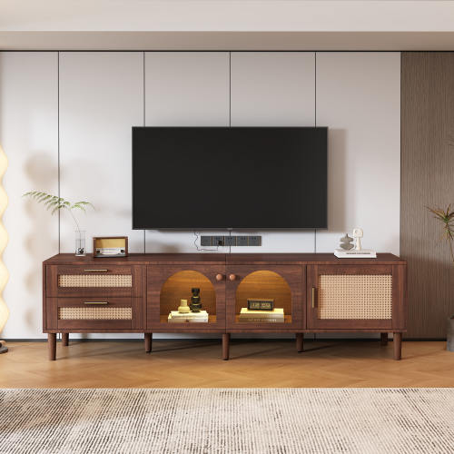 Rattan LED TV Stand for TVs up to 80 in, Dark Brown