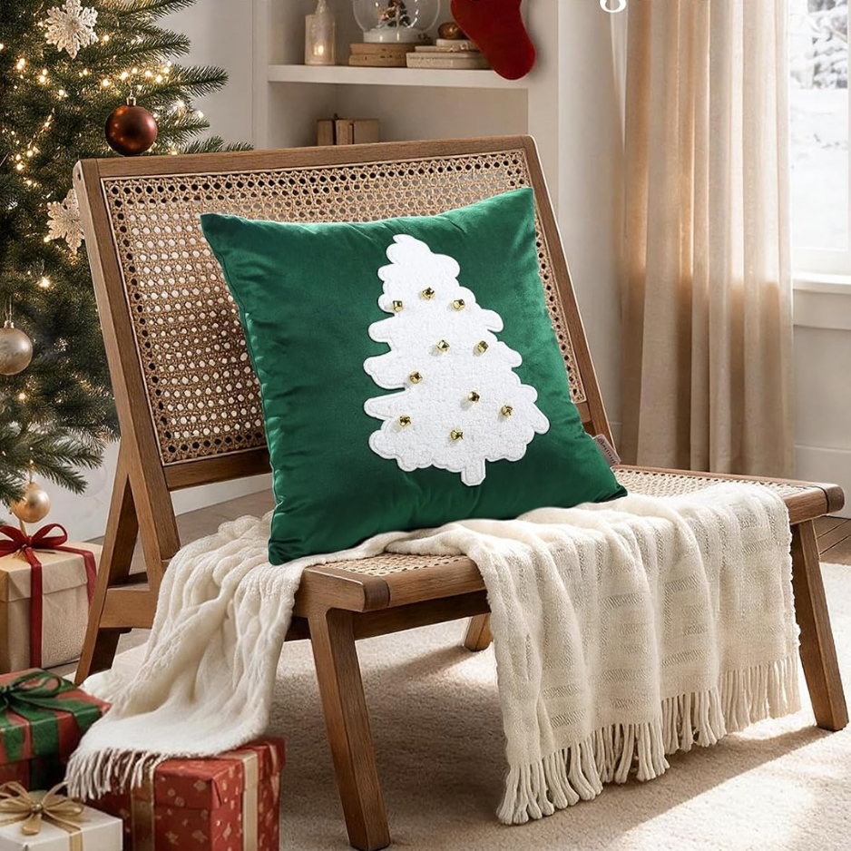 Tufted Chenille Christmas Pillow Cover, 18 x 18-Inch, Green