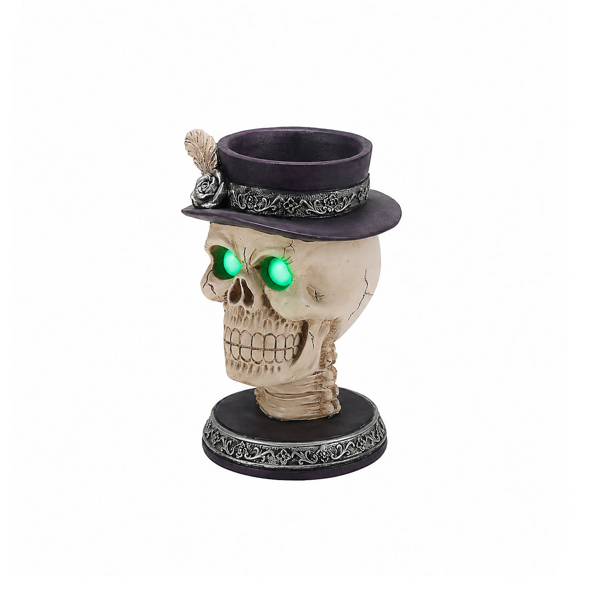 Skull Candle Holder with Glowing Eyes and Feather Top Hat