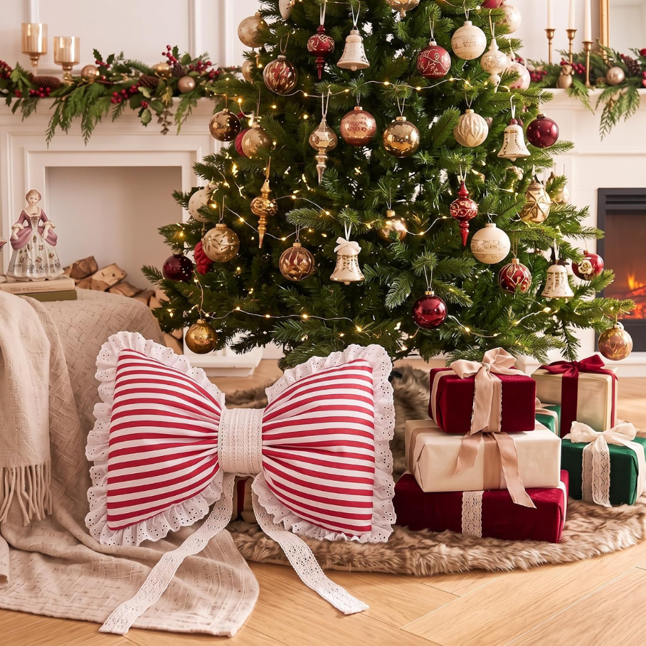 Red and White Striped Christmas Bow Pillow with Lace Trim