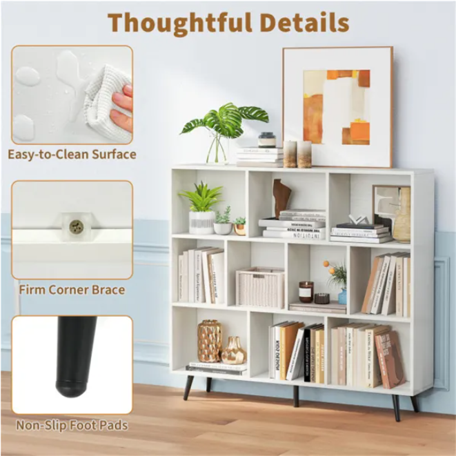 10-Cube 3-Tier Bookcase with Metal Legs