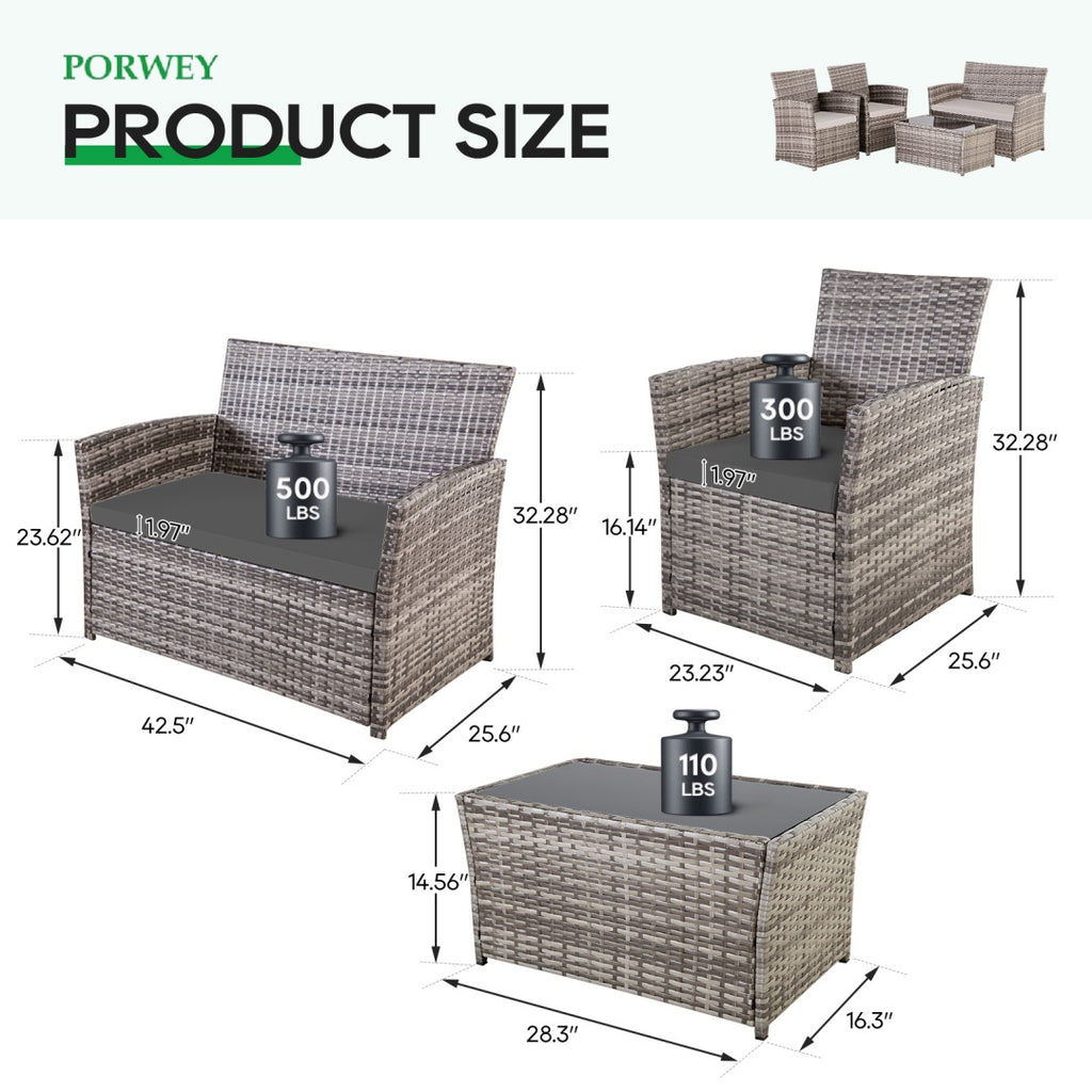4-Piece Rattan Patio Conversation Set with Glass Table, Grey
