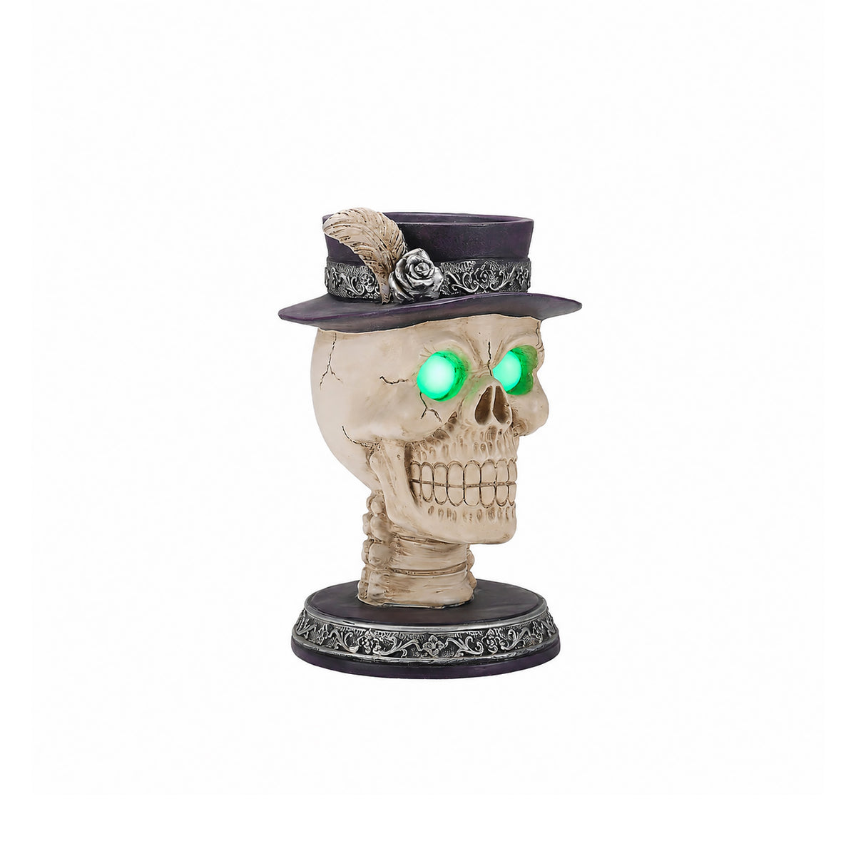Skull Candle Holder with Glowing Eyes and Feather Top Hat