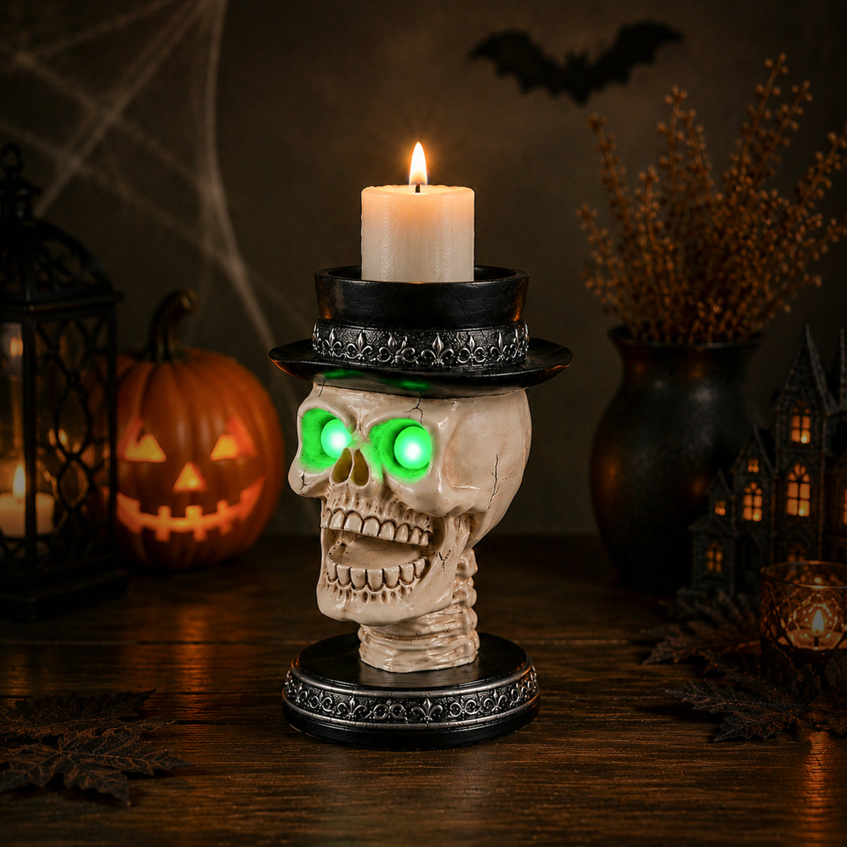 Open-Mouth Skull Candle Holder with Glowing Eyes and Top Hat