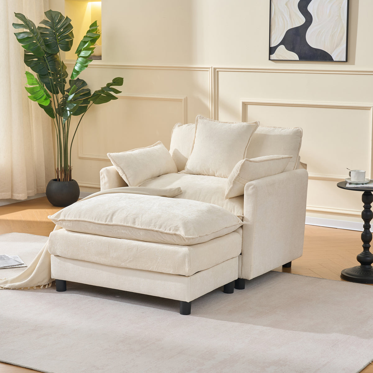 Chenille Club Chair with Ottoman, Beige