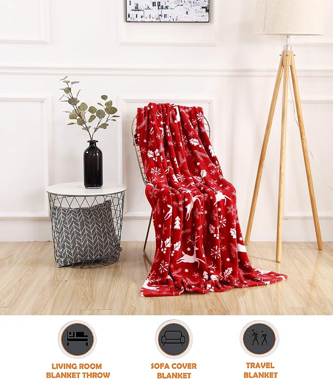 Burgundy Reindeer Velvet Fleece Christmas Throw, 50 x 60-Inch