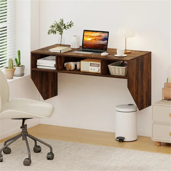 Floating Wall Desk with Cube Storage, Rustic Brown