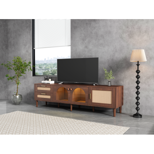 Rattan LED TV Stand for TVs up to 80 in, Dark Brown