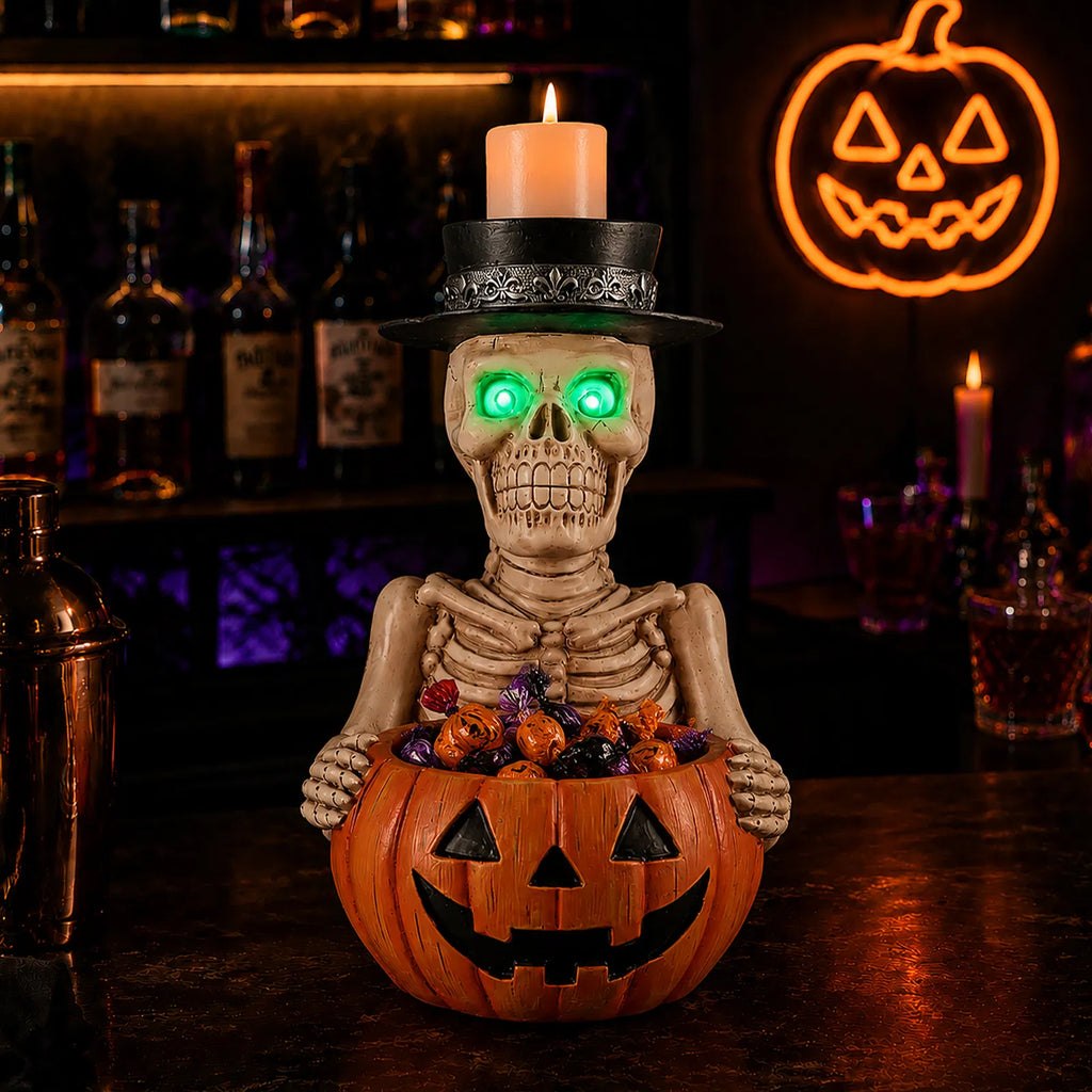 Skeleton Candy Dish with Glowing Green Eyes