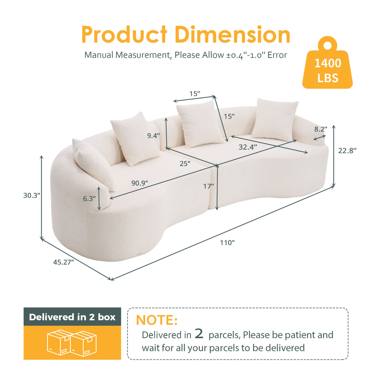 110-Inch Curved Chenille Compression Sectional, White