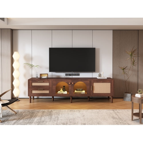 Rattan LED TV Stand for TVs up to 80 in, Dark Brown