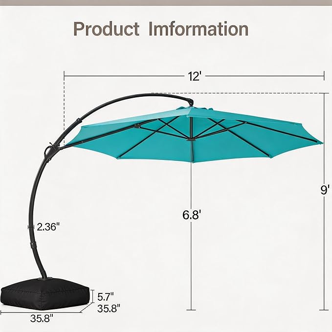 12 ft Round Cantilever Patio Umbrella with Base