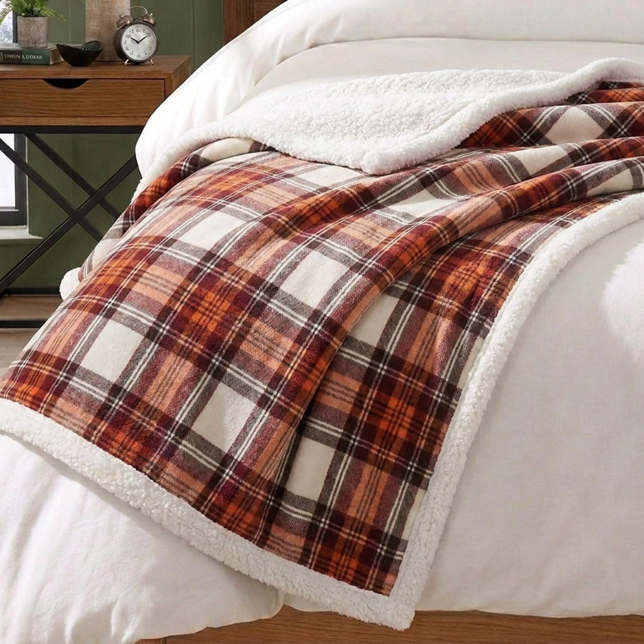 Reversible Sherpa Throw Blanket, 50 x 60-Inch, Red Plaid