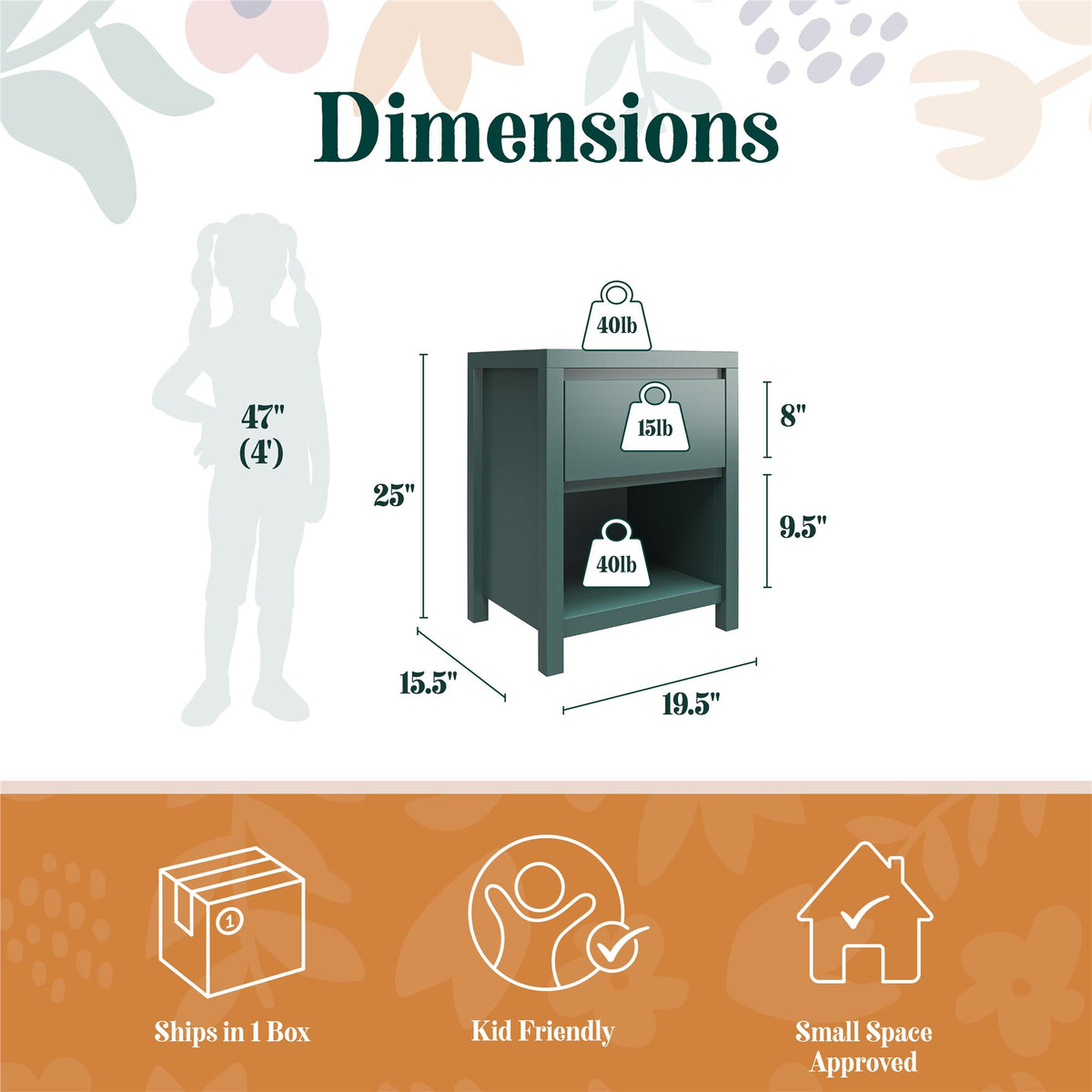 1-Drawer Nightstand, Green
