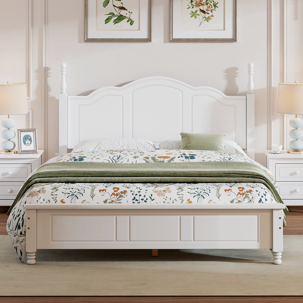 Retro Wood Platform Bed Frame, Queen, White