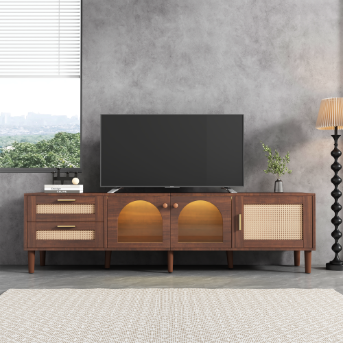 Rattan LED TV Stand for TVs up to 80 in, Dark Brown