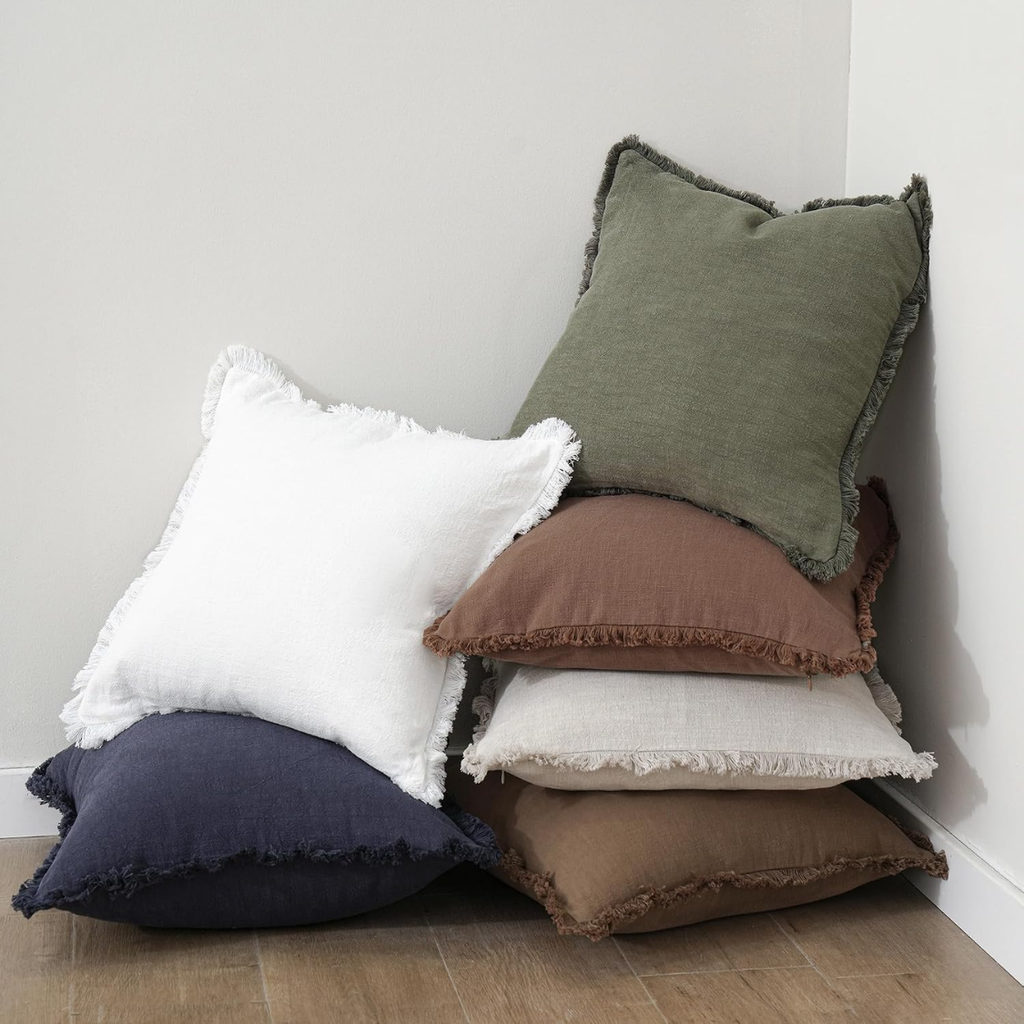 Linen Fringe Throw Pillow Cover, 18 x 18-Inch, Olive Green