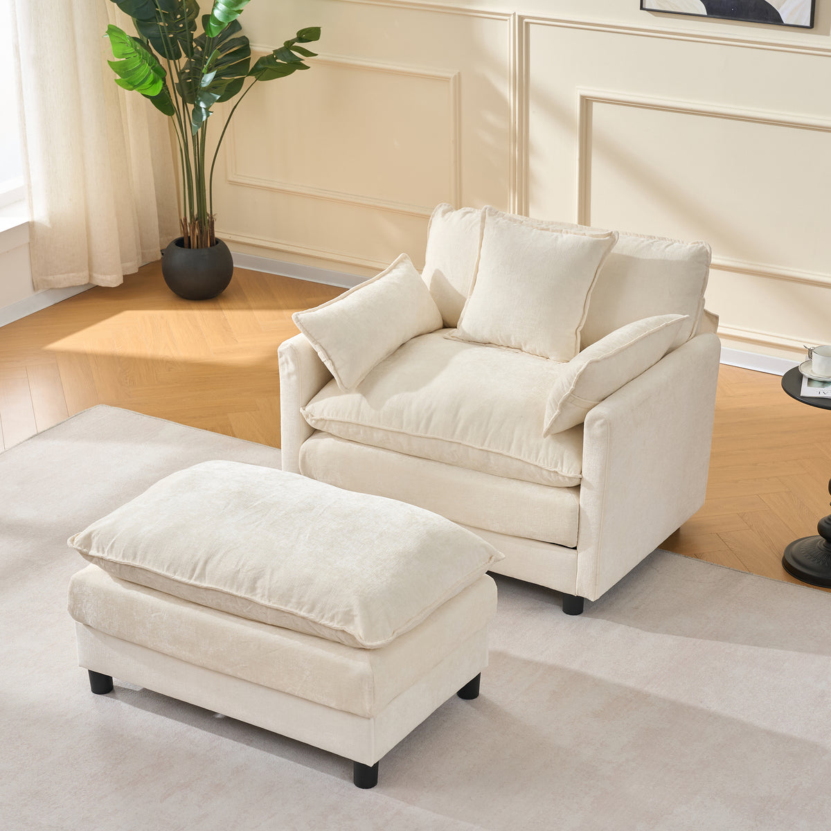 Chenille Club Chair with Ottoman, Beige