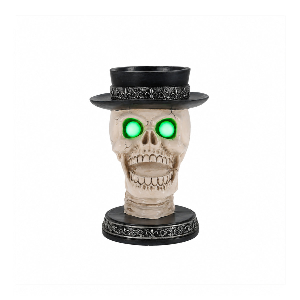 Open-Mouth Skull Candle Holder with Glowing Eyes and Top Hat