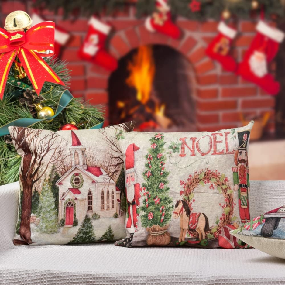 Christmas Linen Pillow Covers, 18 x 18-Inch, Set of 4